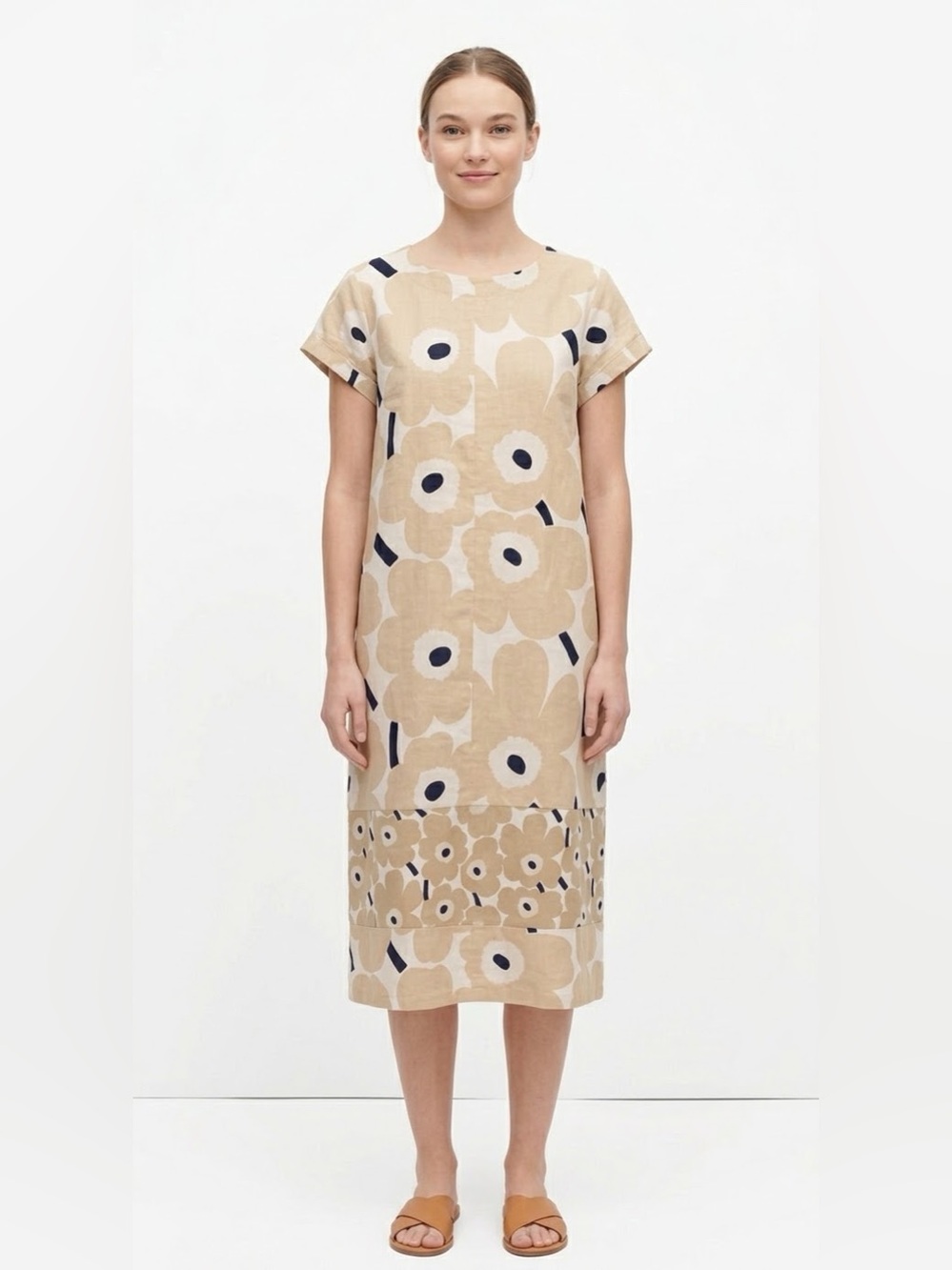 Marimekko Unikko Floral Print Linen Blend Shift Dress Midi Neutral Beige - large